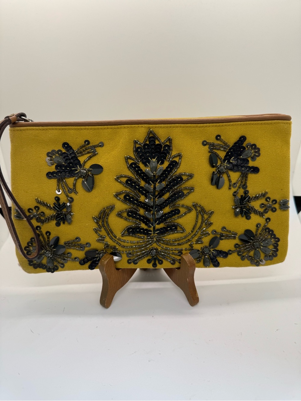 LOFT Mustard Yellow Embellished Wristlet Clutch with Black Bead Detail